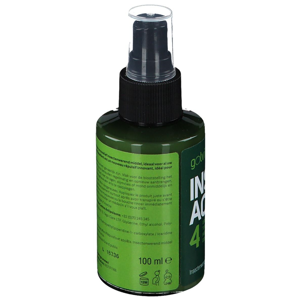 Groene fles met zwarte sproeikop. Opschrift: Golvita INSECT ACTIVE 4. Meertalige opschriften. 100 ml.