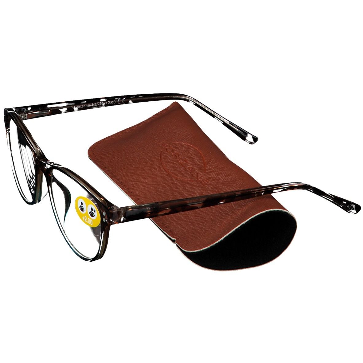 Lunettes marron avec étui. Un autocollant +2,00 est apposé sur les lunettes.