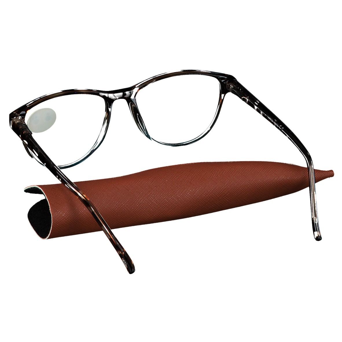 Lunettes marron avec étui. Un autocollant +2,00 est apposé sur les lunettes.