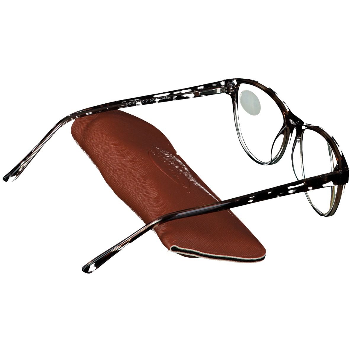 Lunettes marron avec étui. Un autocollant +2,00 est apposé sur les lunettes.