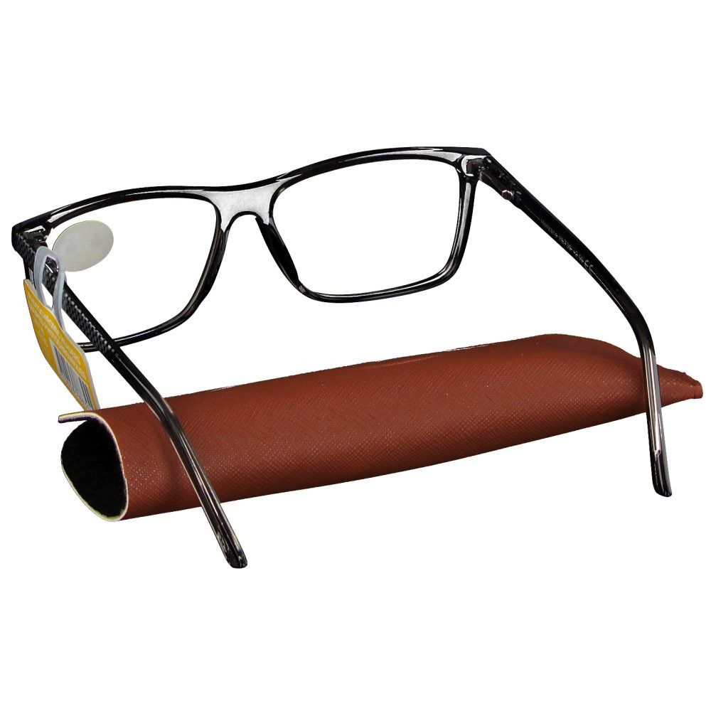 Lunettes noires avec étui. Un autocollant +2,50 est apposé sur le verre.