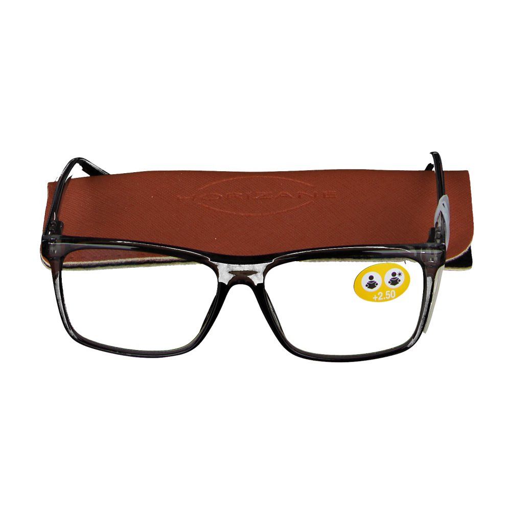 Lunettes noires avec étui. Un autocollant +2,50 est apposé sur le verre.