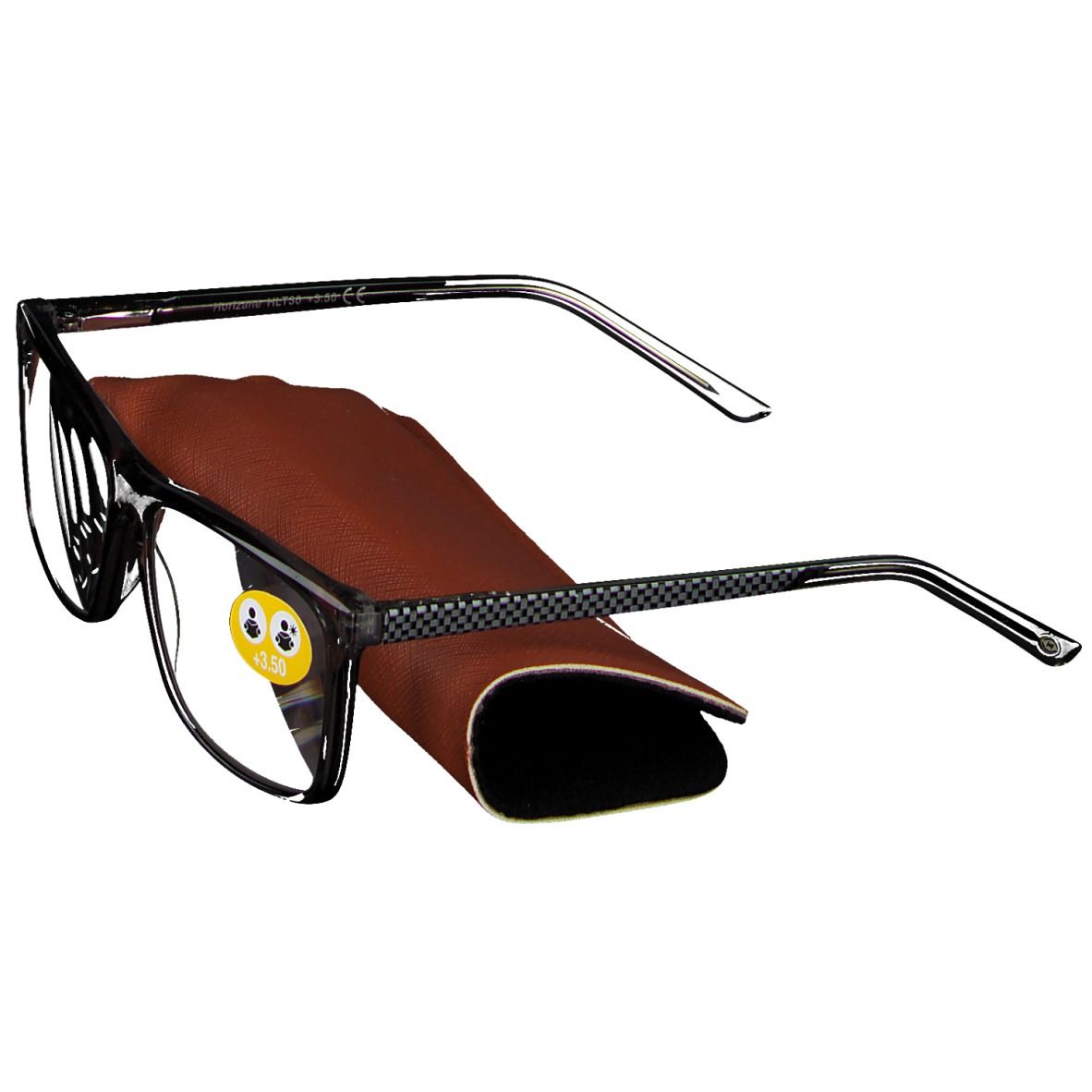 Lunettes à monture noire et étui. Un autocollant +3,5 est visible sur le verre.