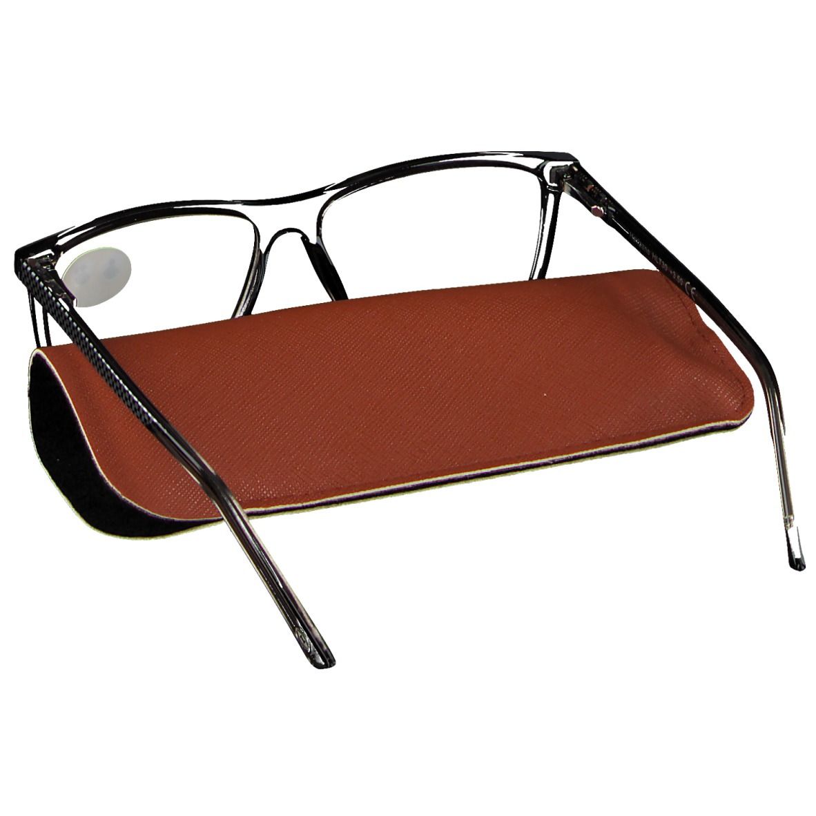 Lunettes à monture noire et étui. Un autocollant +3,5 est visible sur le verre.