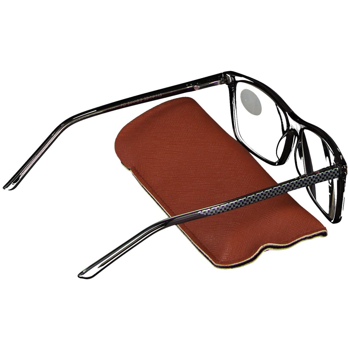 Lunettes à monture noire et étui. Un autocollant +3,5 est visible sur le verre.