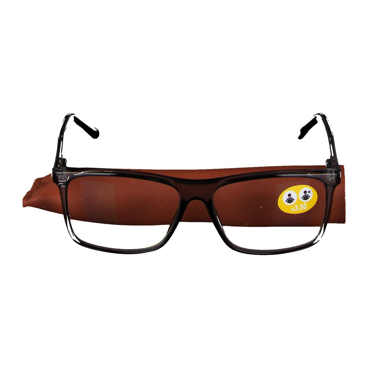 Lunettes à monture noire et étui. Un autocollant +3,5 est visible sur le verre.