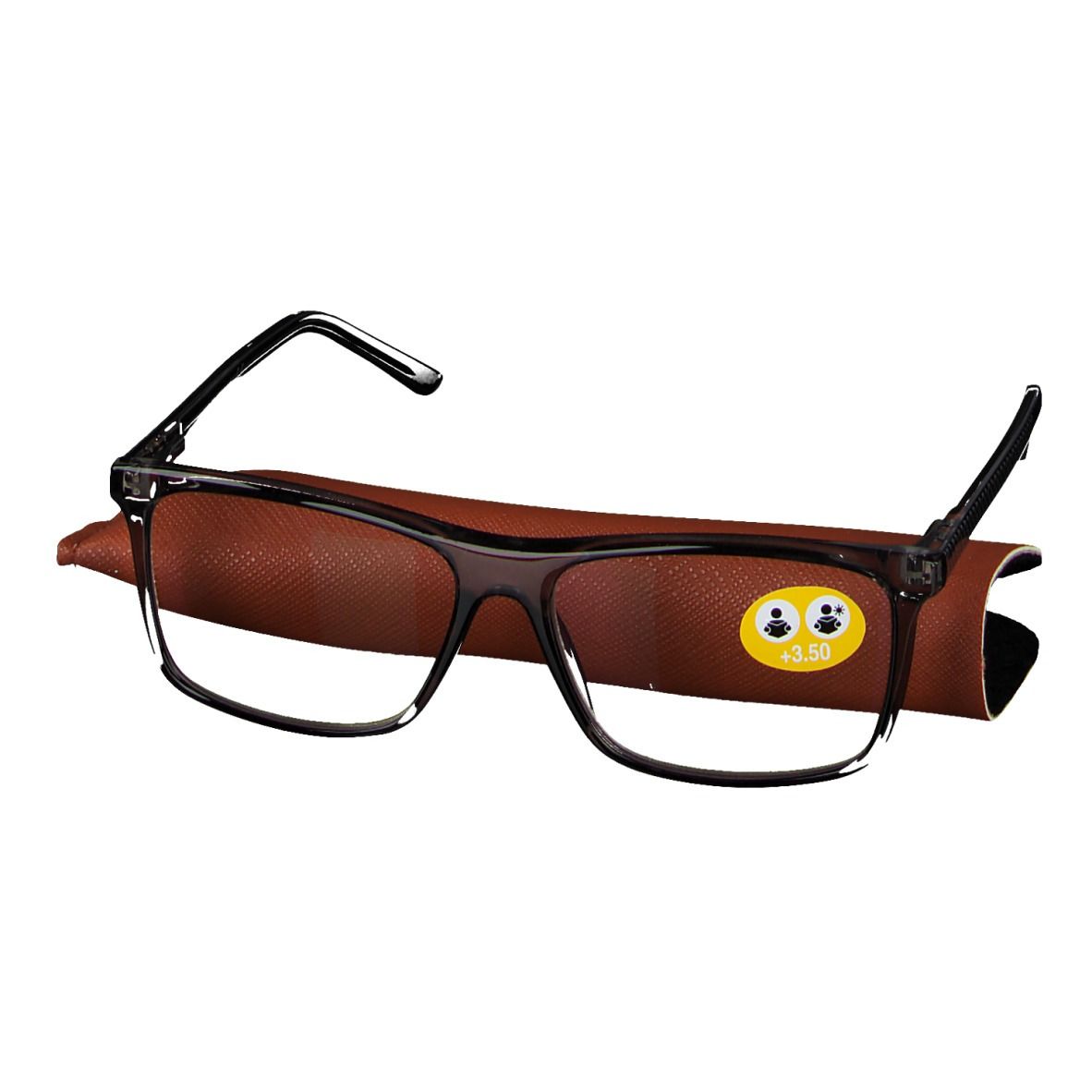 Lunettes à monture noire et étui. Un autocollant +1,5 est visible sur le verre.
