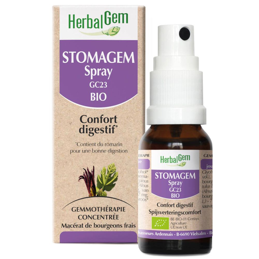 Flacon spray HerbalGem STOMAGEM, flacon brun avec vaporisateur et boîte. Inscription: BIO, Confort digestif.