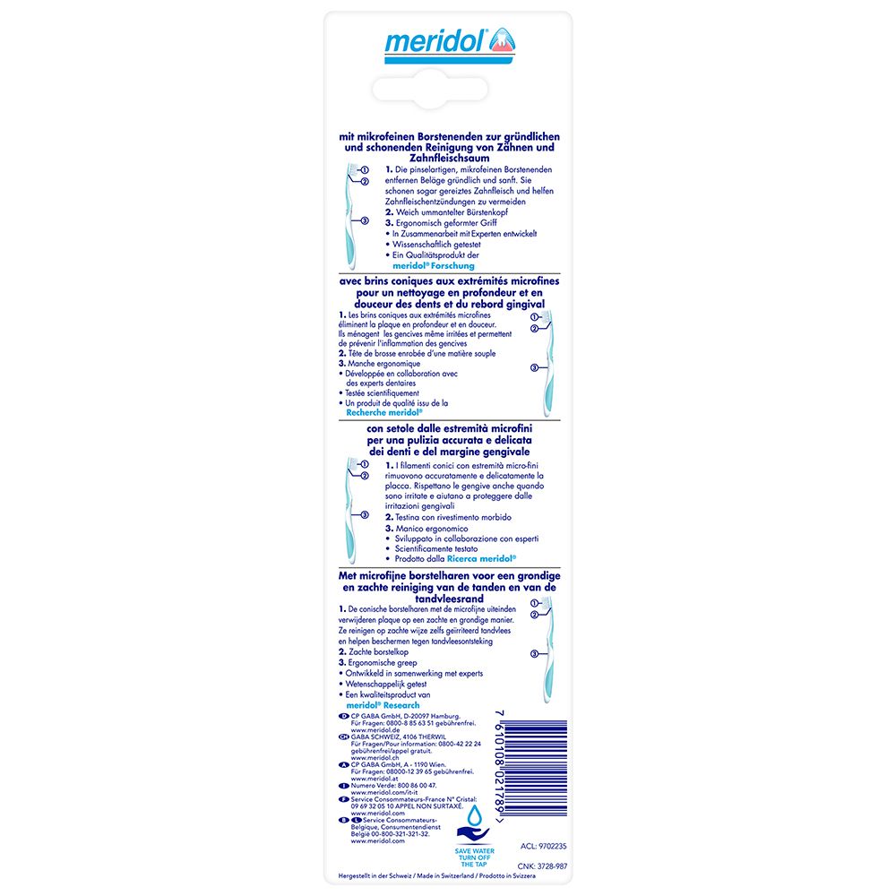 Rückseite der Verpackung. Text in mehreren Sprachen. Produktmerkmale und Anweisungen.