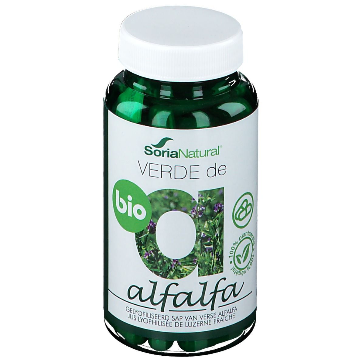 Grüne Kapseln in einer transparenten Flasche mit weißem Deckel. Aufschrift: SoriaNatural Verde de Alfalfa, Bio-Siegel.