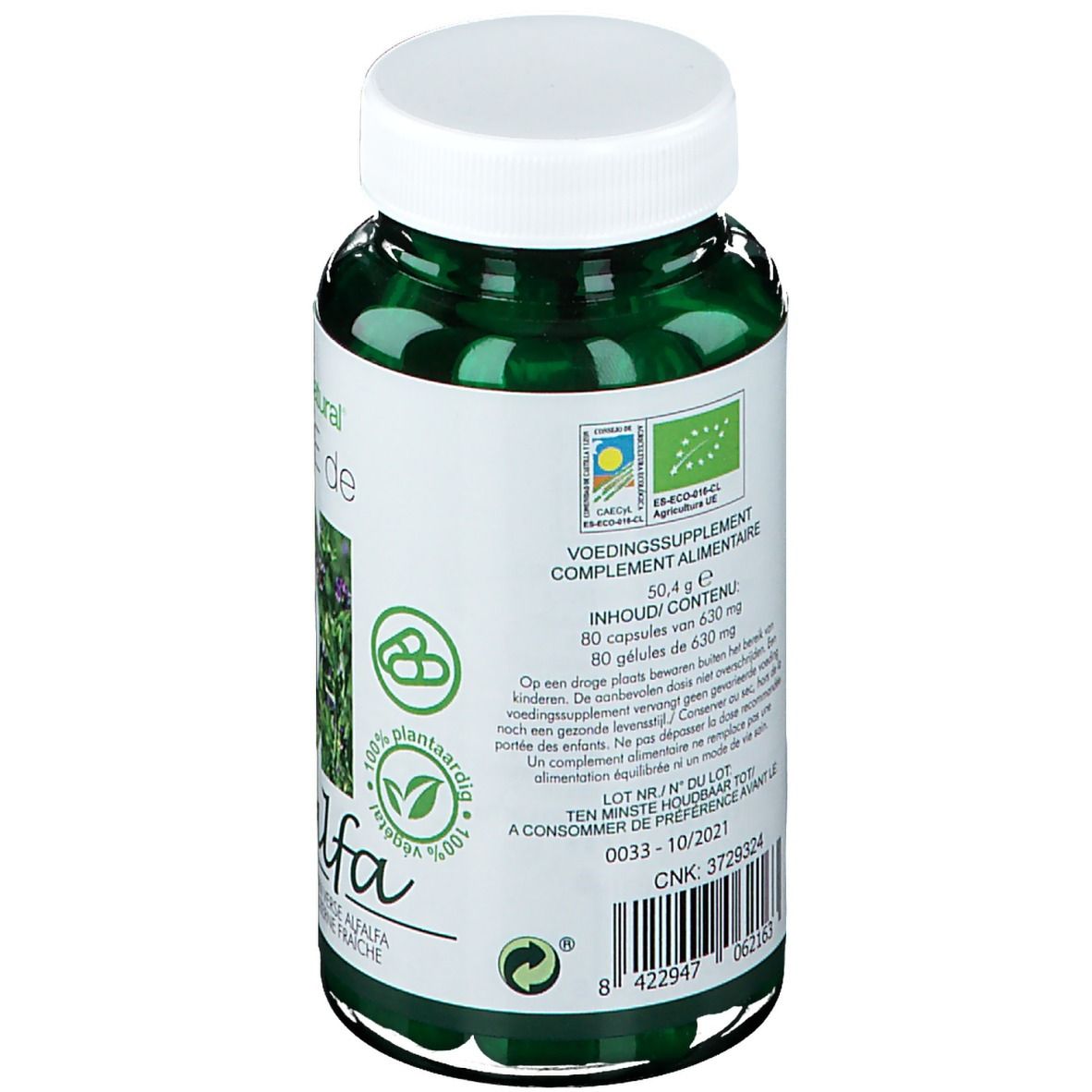 Rückseite der Flasche mit grünen Kapseln. Etikett mit Informationen, Bio-Siegel und Inhaltsangaben. Text in Niederländisch.