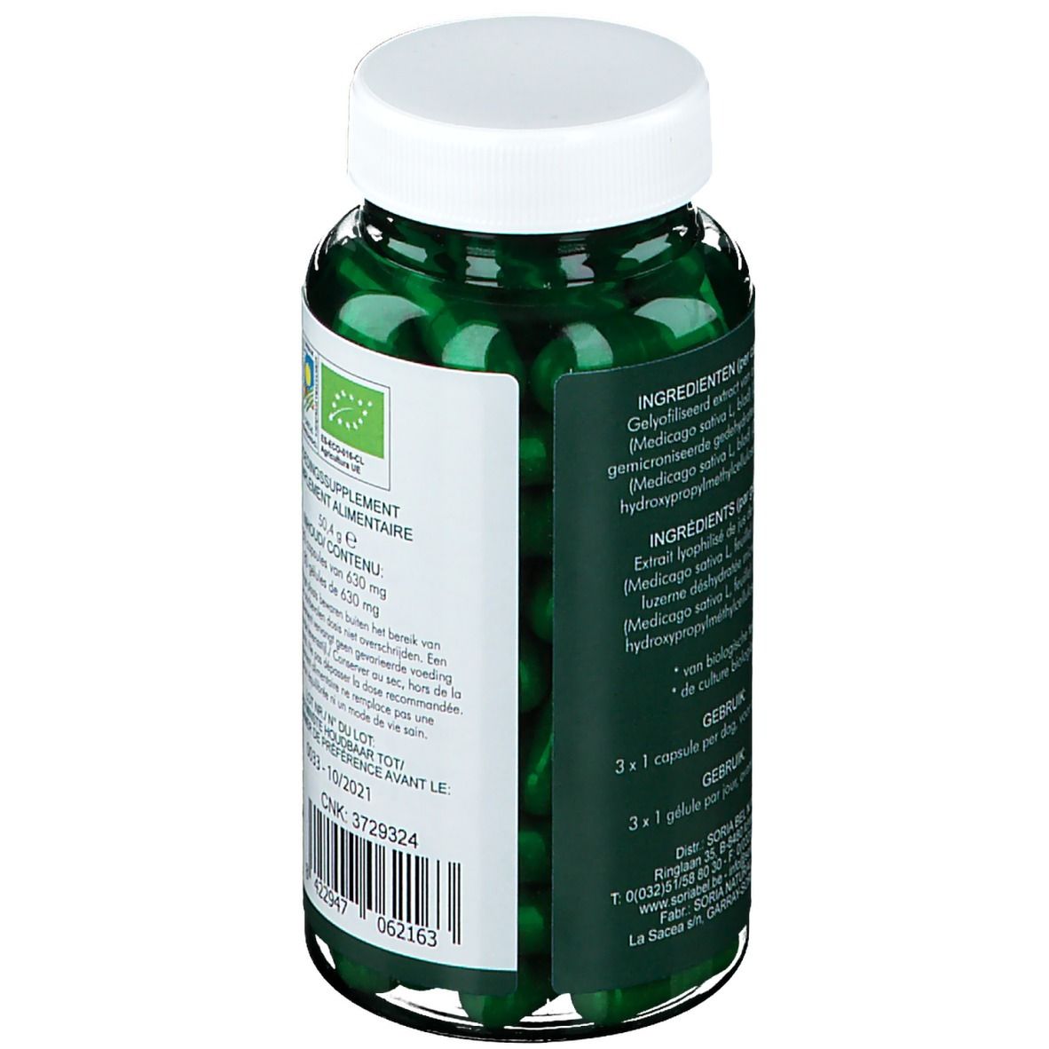 Rückseite der Flasche mit grünen Kapseln. Etikett mit Inhaltsstoffen, Dosierung und Bio-Siegel. Text in Niederländisch.