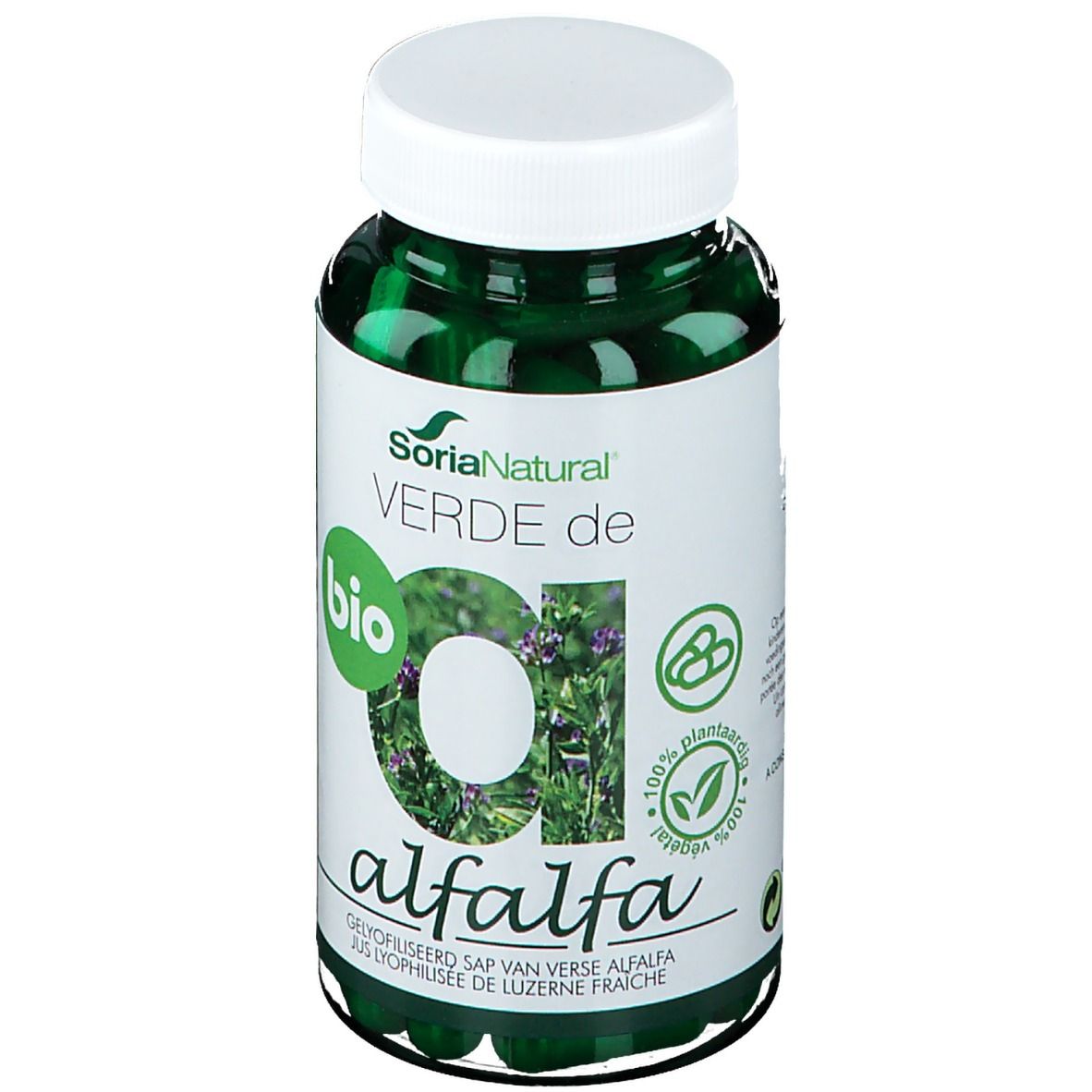 Grüne Kapseln in einer transparenten Flasche mit weißem Deckel. Aufschrift: SoriaNatural Verde de Alfalfa, Bio-Siegel.