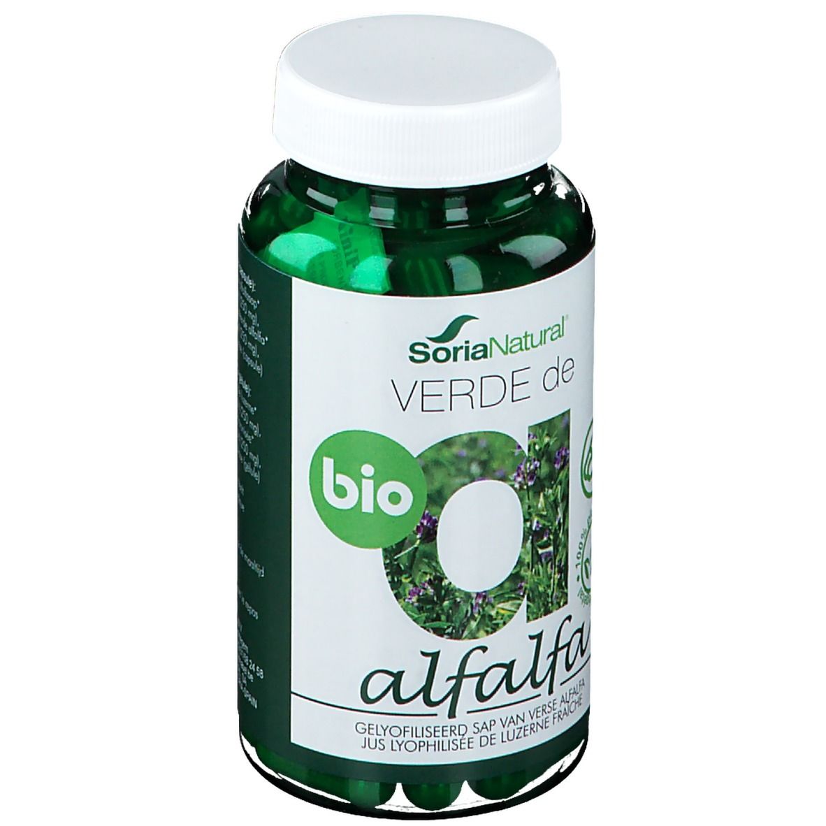 Grüne Kapseln in einer transparenten Flasche mit weißem Deckel. Aufschrift: SoriaNatural Verde de Alfalfa, Bio-Siegel.