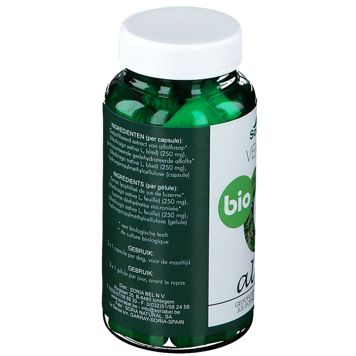 Rückseite der Flasche mit grünen Kapseln. Etikett mit Inhaltsstoffen, Dosierung und Bio-Siegel. Text in Französisch.