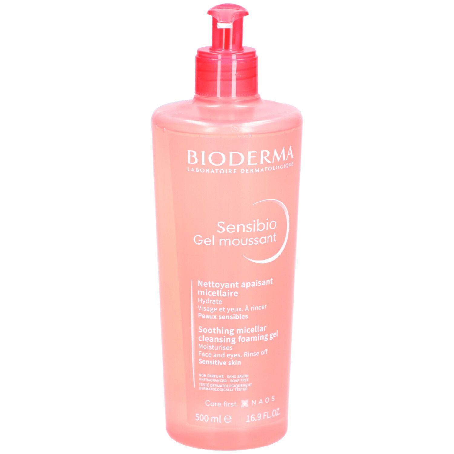 Flacone rosa con dosatore. Scritta: BIODERMA, Sensibio Gel moussant. Testo in francese e inglese.