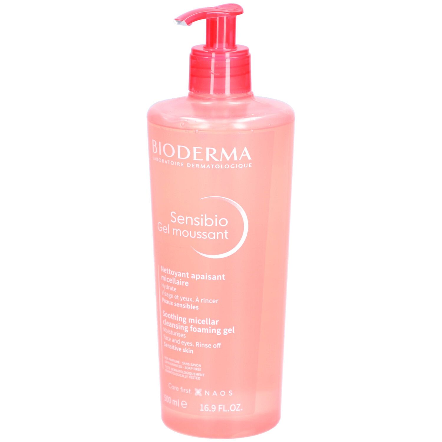 Flacone rosa con dosatore. Scritta: BIODERMA, Sensibio Gel moussant. Testo in francese e inglese.