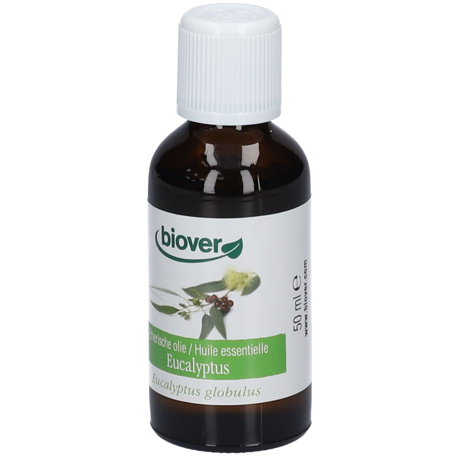 Flacon en verre brun avec bouchon blanc. Étiquette avec texte et logo Biover. 50 ml.