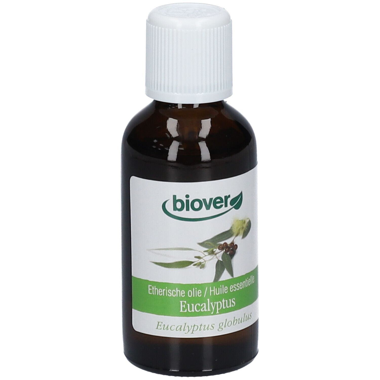 Flacon en verre brun avec bouchon blanc. Étiquette avec logo Biover et nom du produit Eucalyptus. 50 ml.