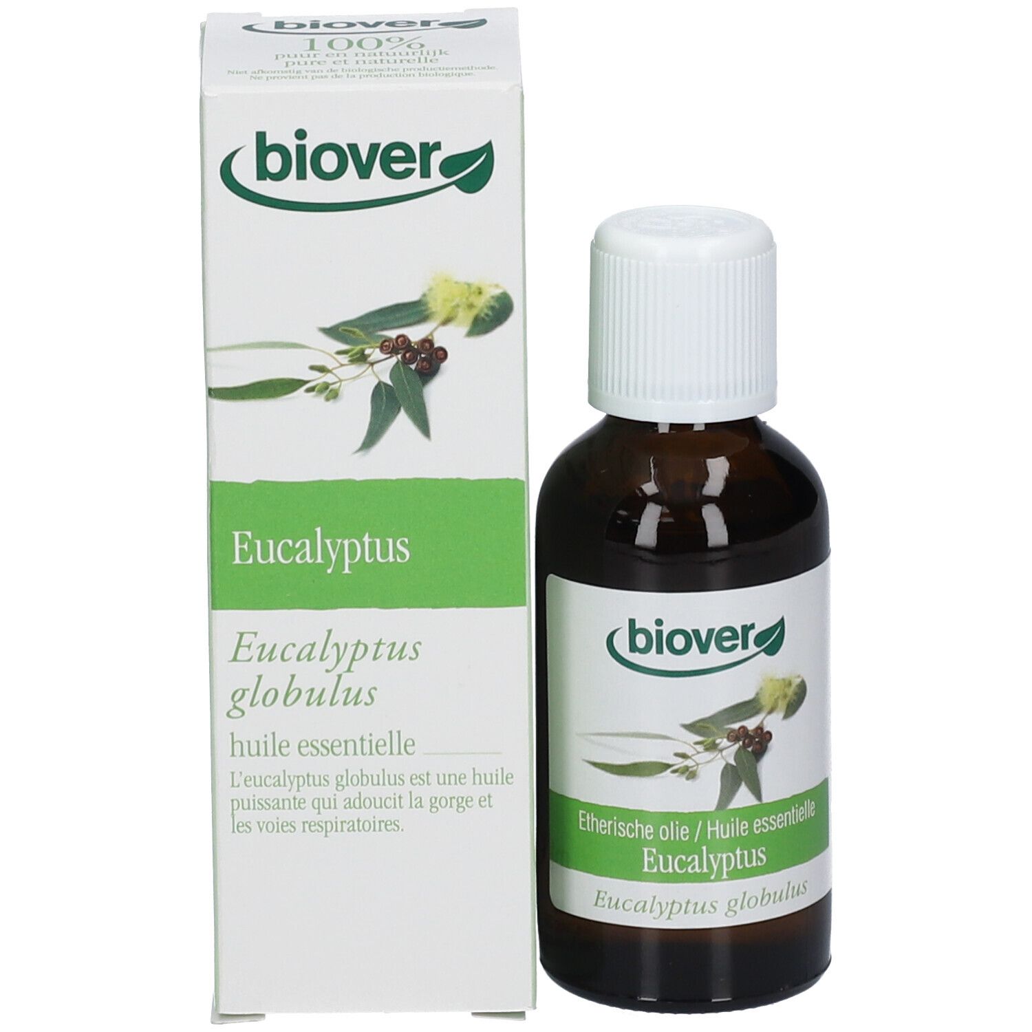 Flacon en verre brun avec bouchon blanc à côté d'une boîte blanche. Logo Biover, nom du produit Eucalyptus. 50 ml.