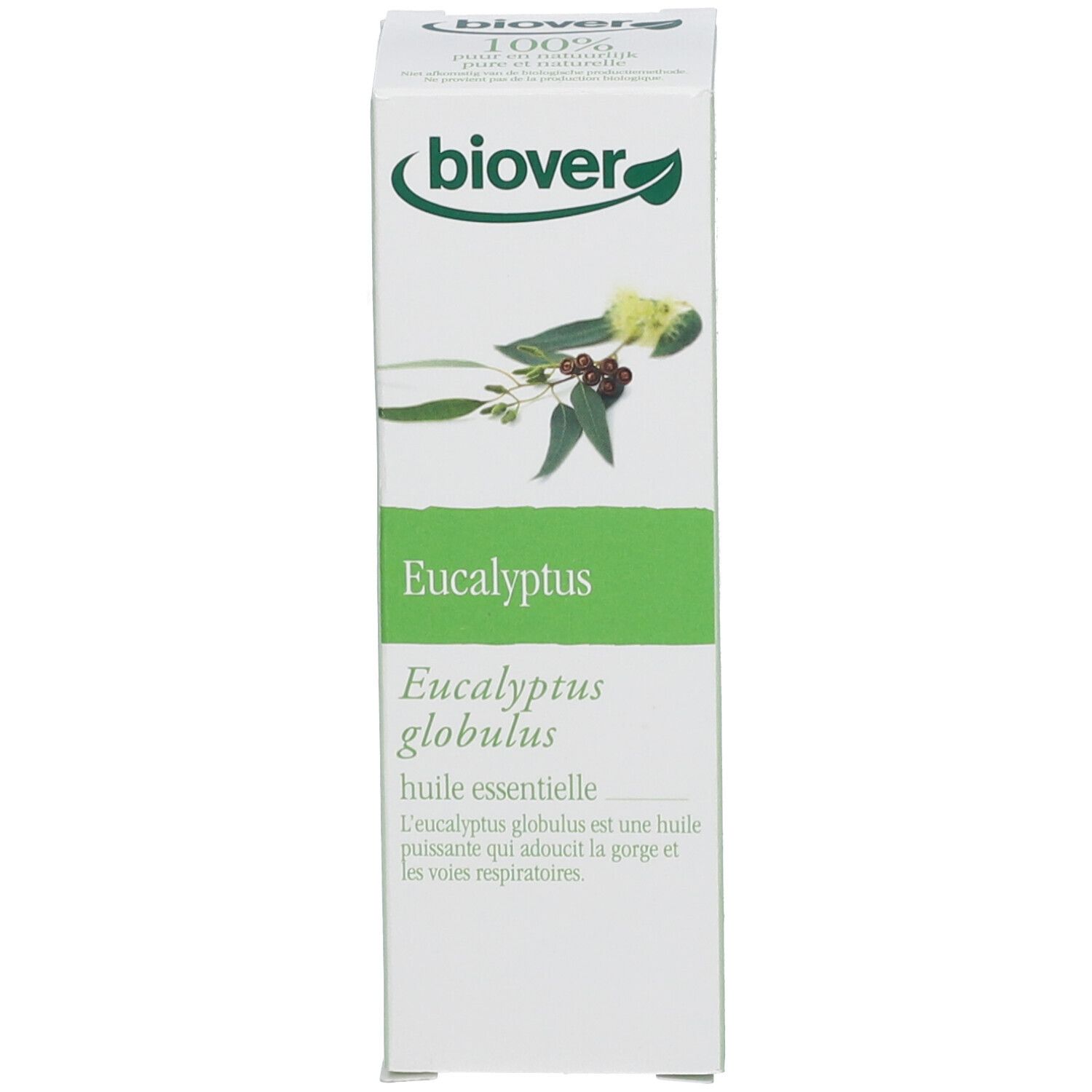 Boîte blanche avec bande verte et nom du produit. Logo : Biover. Texte : Eucalyptus, Eucalyptus globulus, huile essentielle.