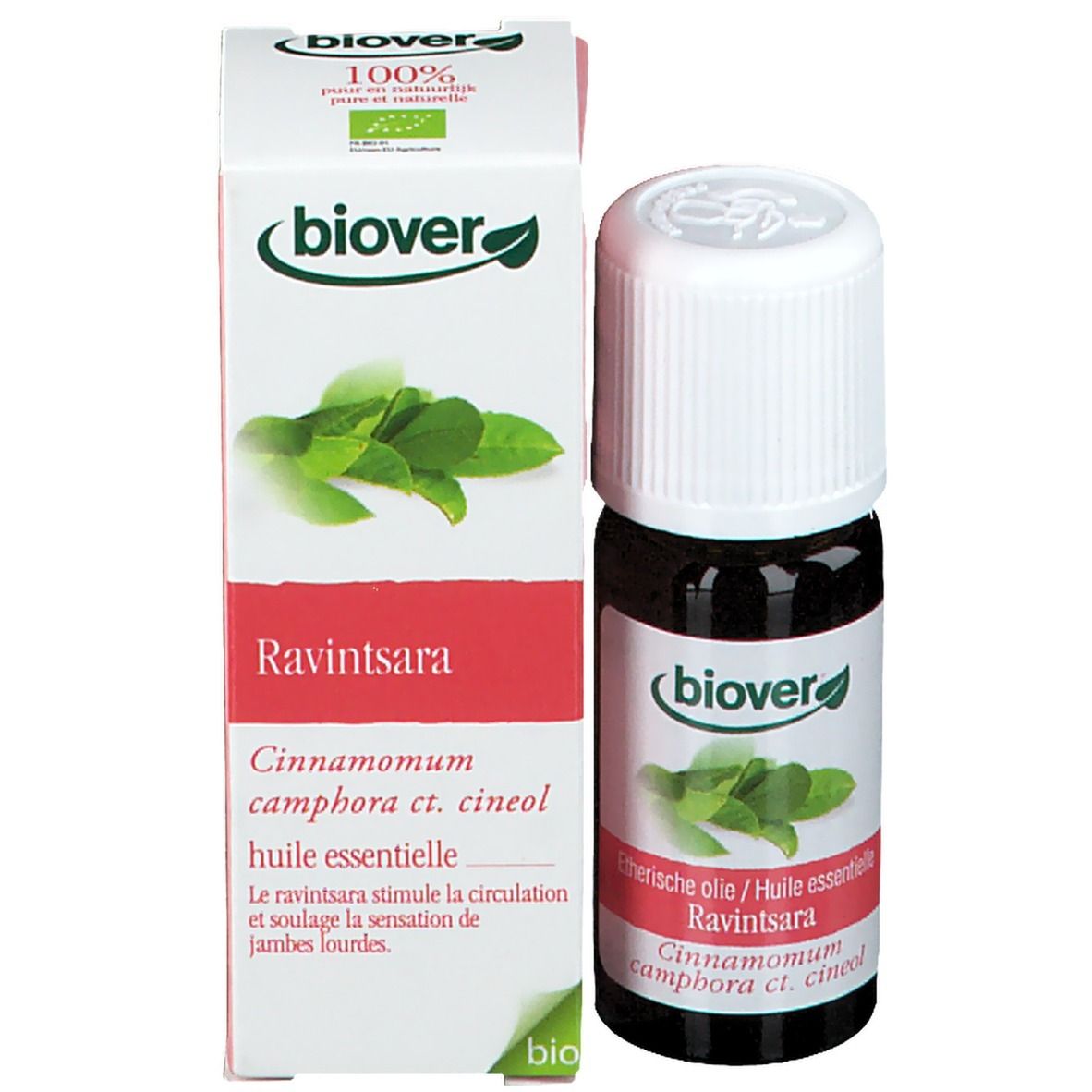 Braune Glasflasche und Karton. Aufschrift: Biover, Ravintsara, ätherisches Öl. Bio-Siegel.