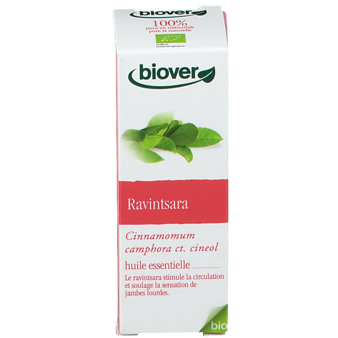 Karton mit Produktetikett. Aufschrift: Biover, Ravintsara, ätherisches Öl. Bio-Siegel.