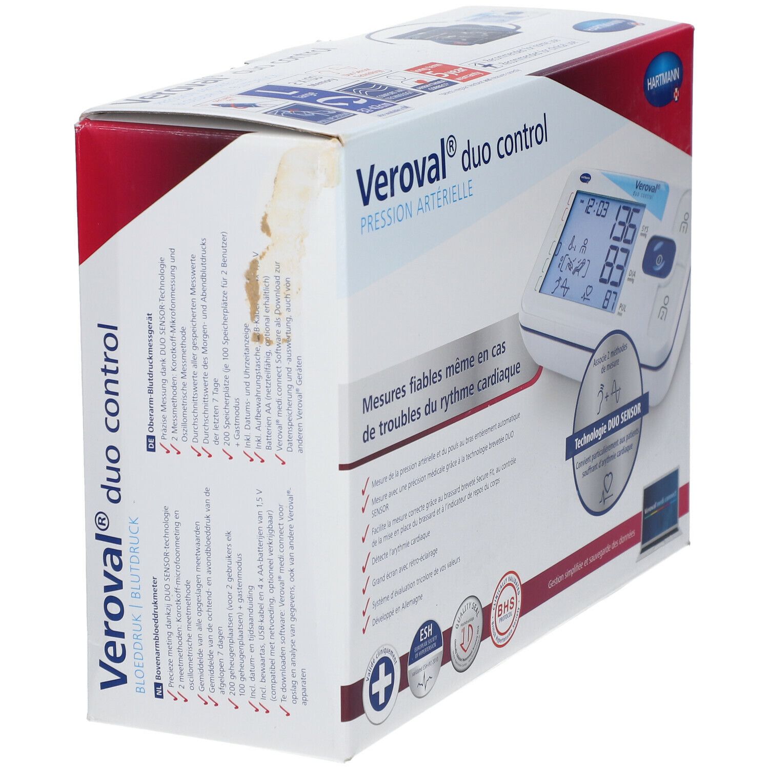 Emballage du tensiomètre Veroval duo control. Nom du produit et écran affichés. Certifications BHS, ESH et JD.