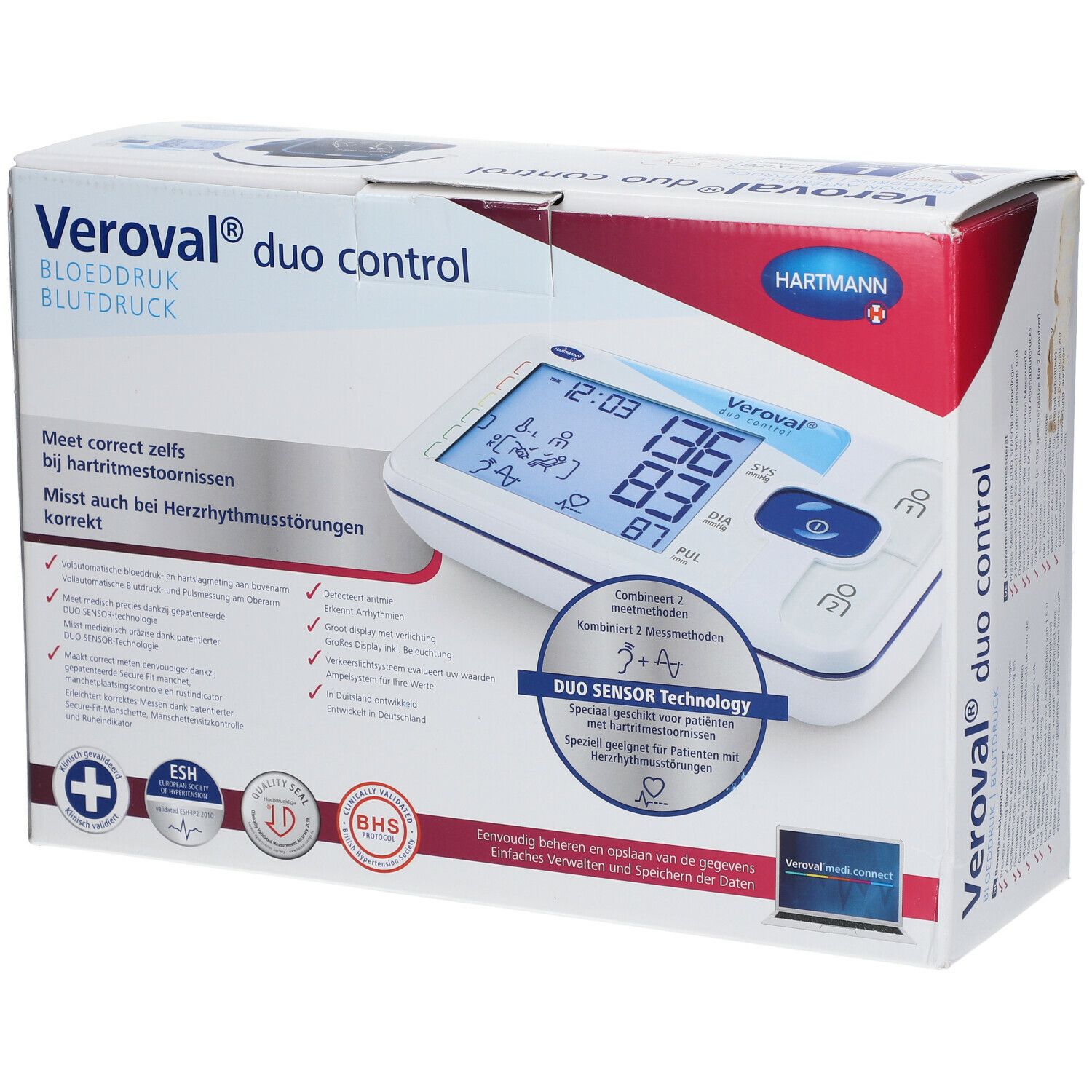 Emballage du tensiomètre Veroval duo control. Nom du produit et écran affichés. Certifications BHS, ESH et JD.