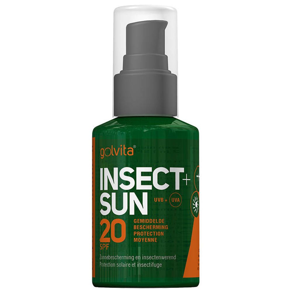 Flacon vert avec pompe. Inscription : INSECT+ SUN 20 SPF. Contient une protection contre les insectes. Marque : Golvita.