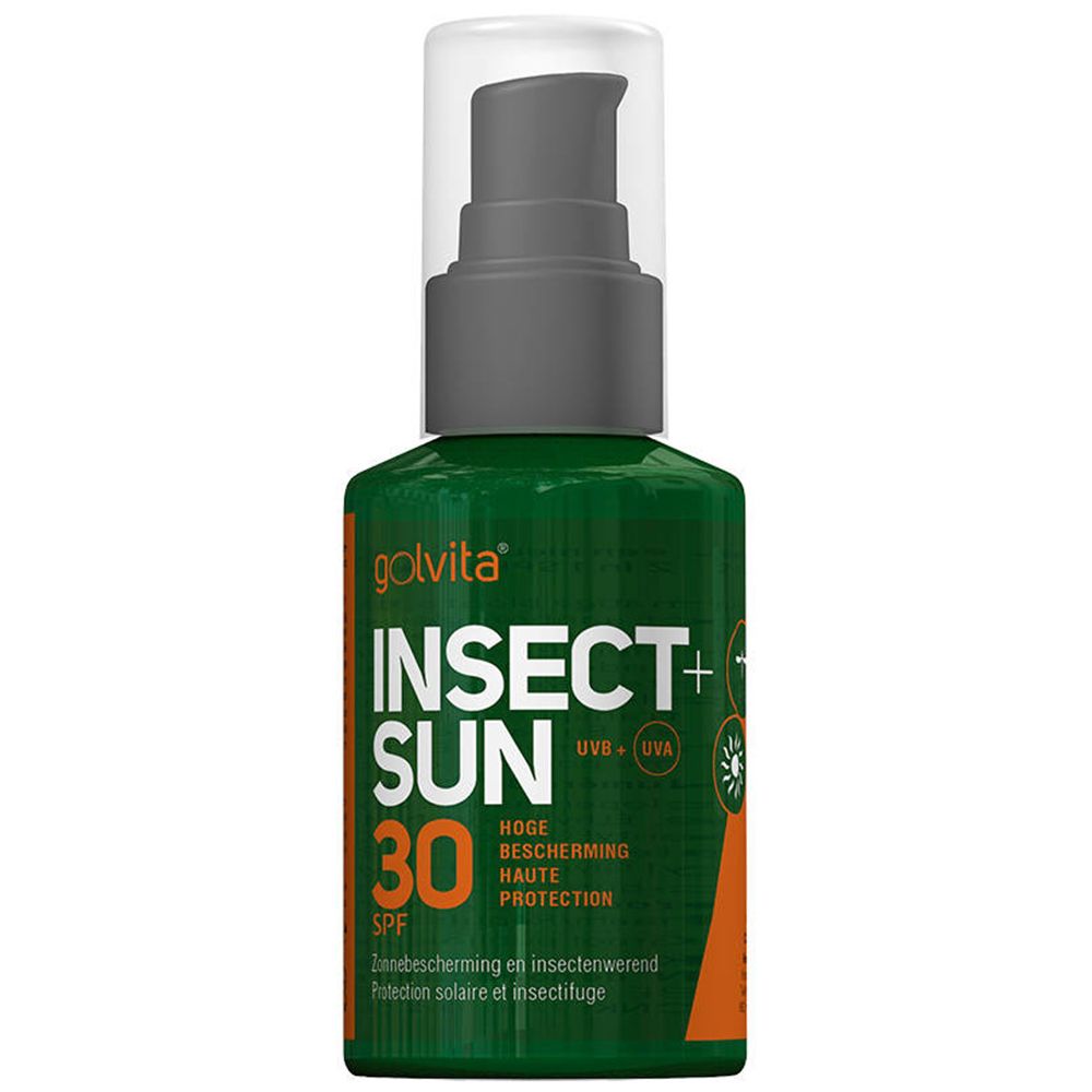 Flacon vert Golvita Insect Sun 2 en 1 SPF 30. Bouchon pompe. Texte: Hohe bescherming, Haute protection.