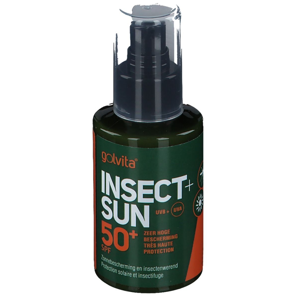 Flacon vert avec pompe noire. Inscription: Insect Sun 50+ SPF. Protection solaire et anti-insectes.