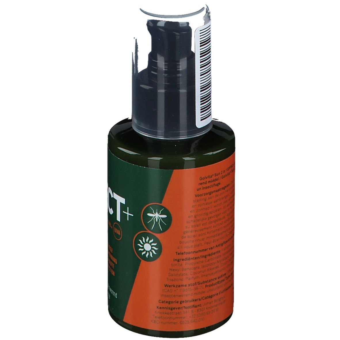 Flacon vert avec pompe noire. Dos avec texte. Inscription: Insect Sun. Avec protection solaire et anti-insectes.