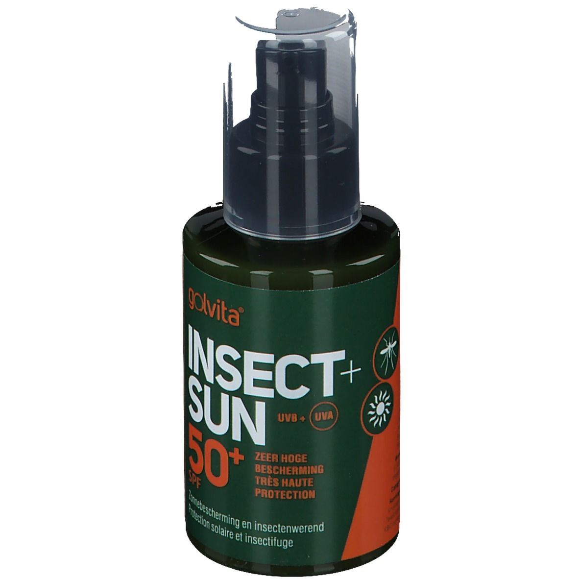 Flacon vert avec pompe noire. Inscription: Insect Sun 50+ SPF. Protection solaire et anti-insectes.