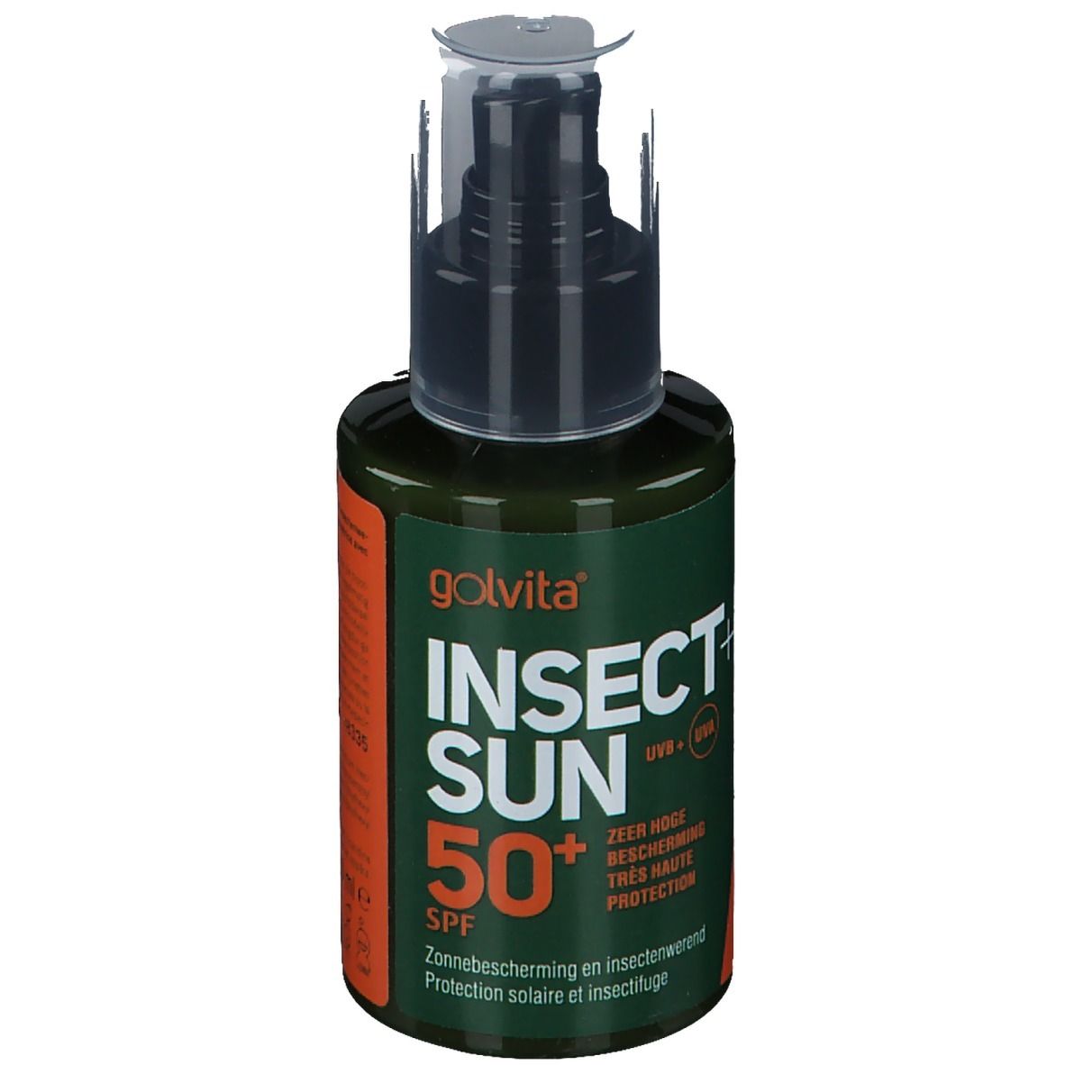 Flacon vert avec pompe noire. Inscription: Insect Sun 50+ SPF. Protection solaire et anti-insectes.