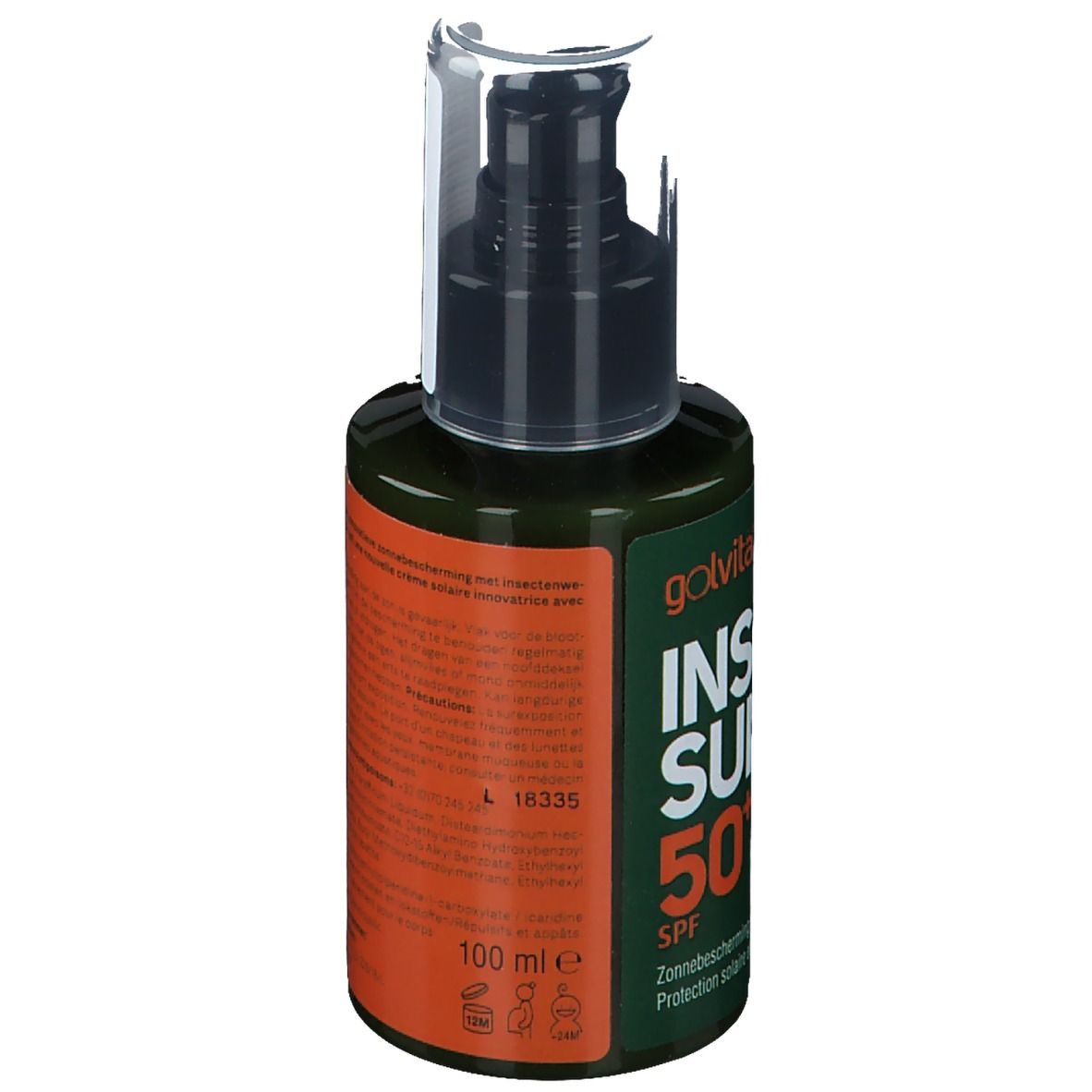 Flacon vert avec pompe noire. Inscription: Insect Sun 50+ SPF. 100 ml. Protection solaire et anti-insectes.