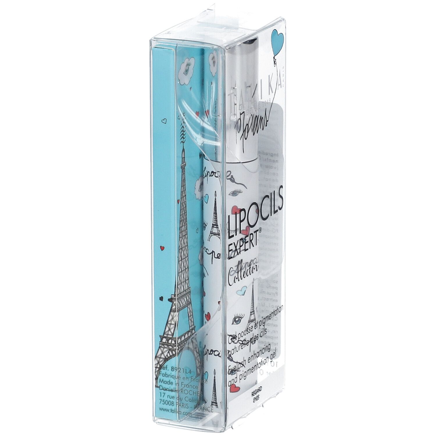 TALIKA Lipocils Expert, in Verpackung. Weißer Behälter mit Schriftzug und Eiffelturm-Motiv. Klare Verpackung.