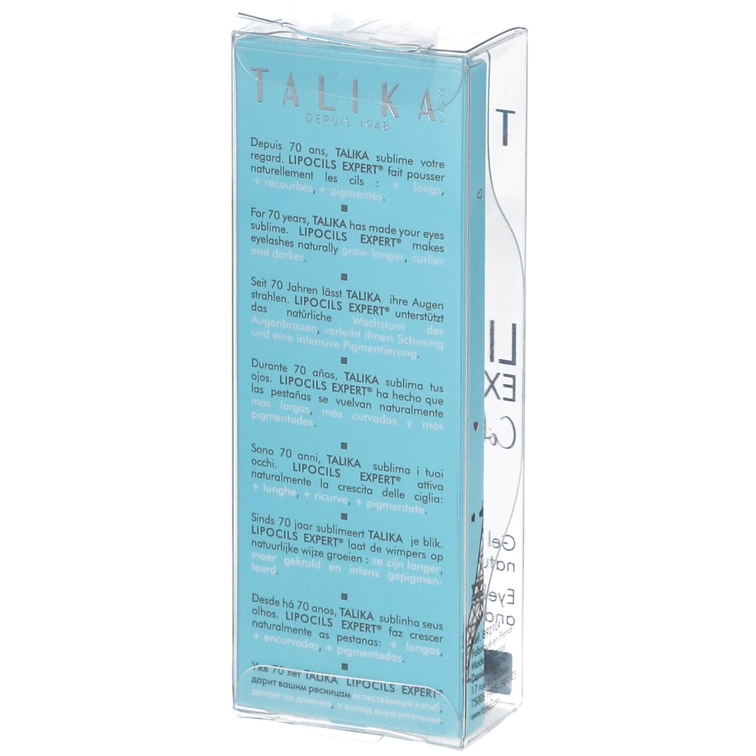 Rückseite der Verpackung von TALIKA Lipocils Expert. Text in mehreren Sprachen. Hellblauer Hintergrund.
