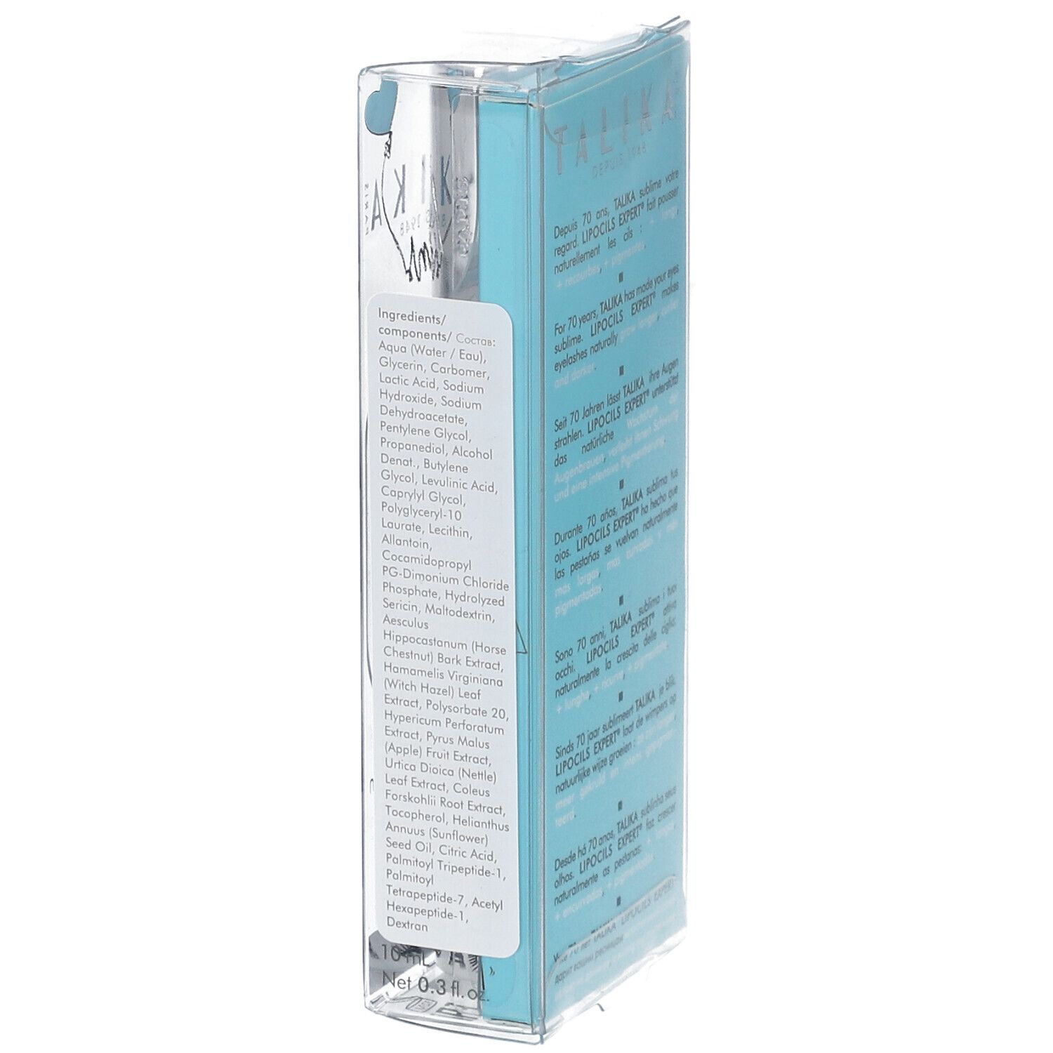 Verpackung von TALIKA Lipocils Expert. Auflistung der Inhaltsstoffe. Hellblauer Hintergrund.