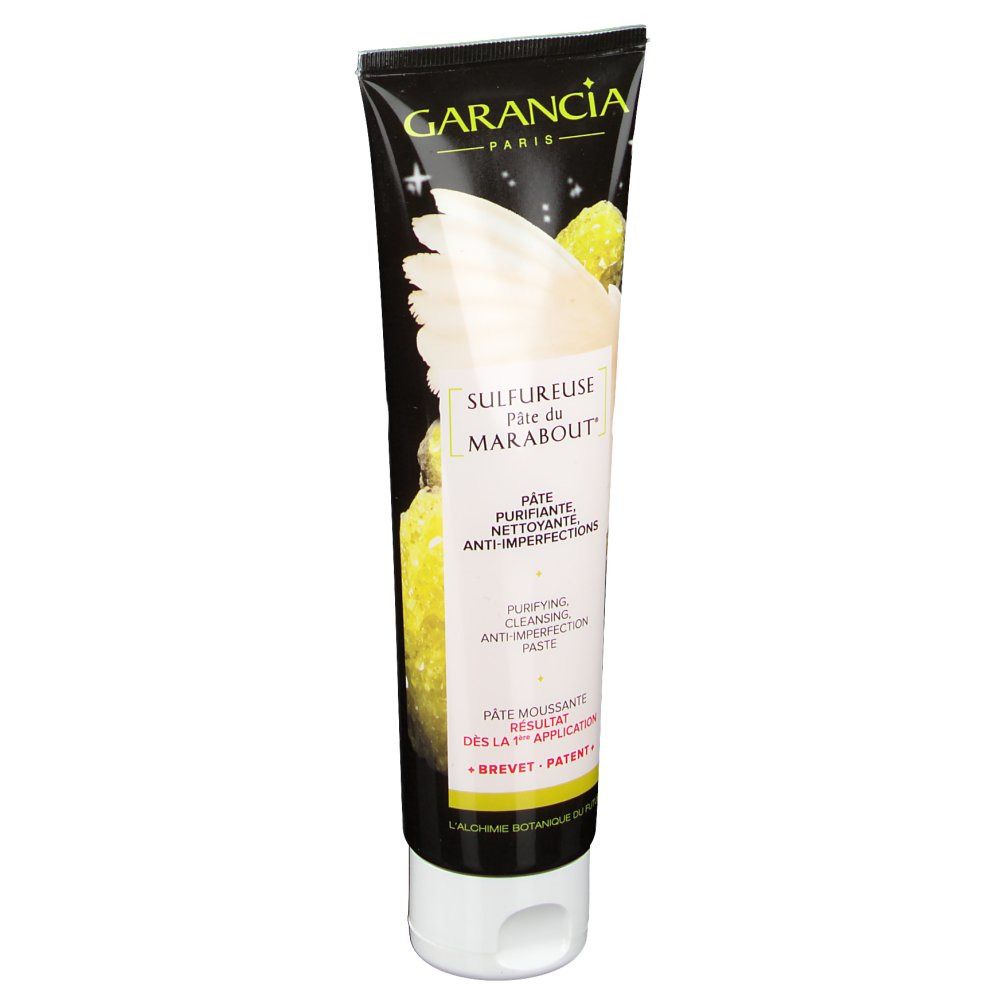 Tube mit Produktnamen und Logo. Aufschrift: Sulfureuse Pâte du Marabout. Reinigende Anti-Unreinheiten Paste.