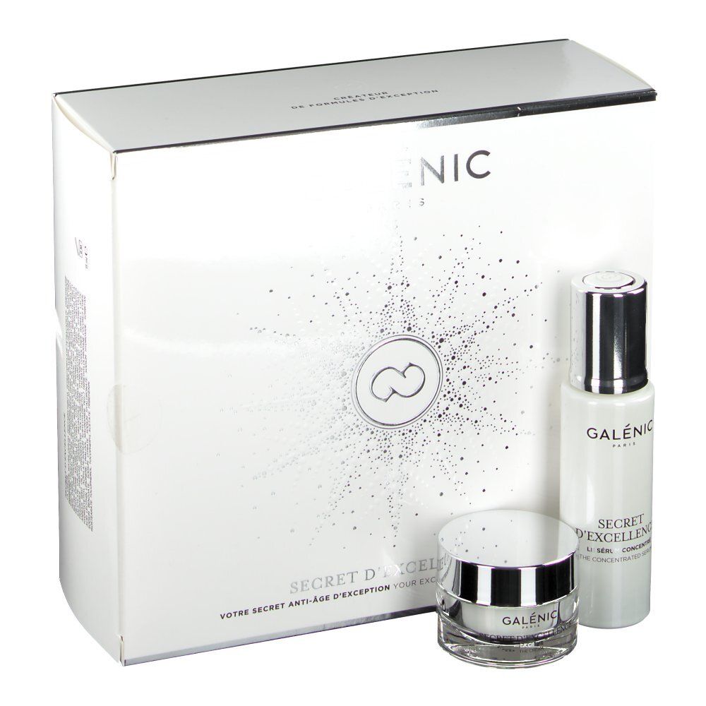 Coffret blanc avec produits cosmétiques. Inscription GALÉNIC PARIS et SECRET D'EXCELLENCE. Deux pots et un flacon.