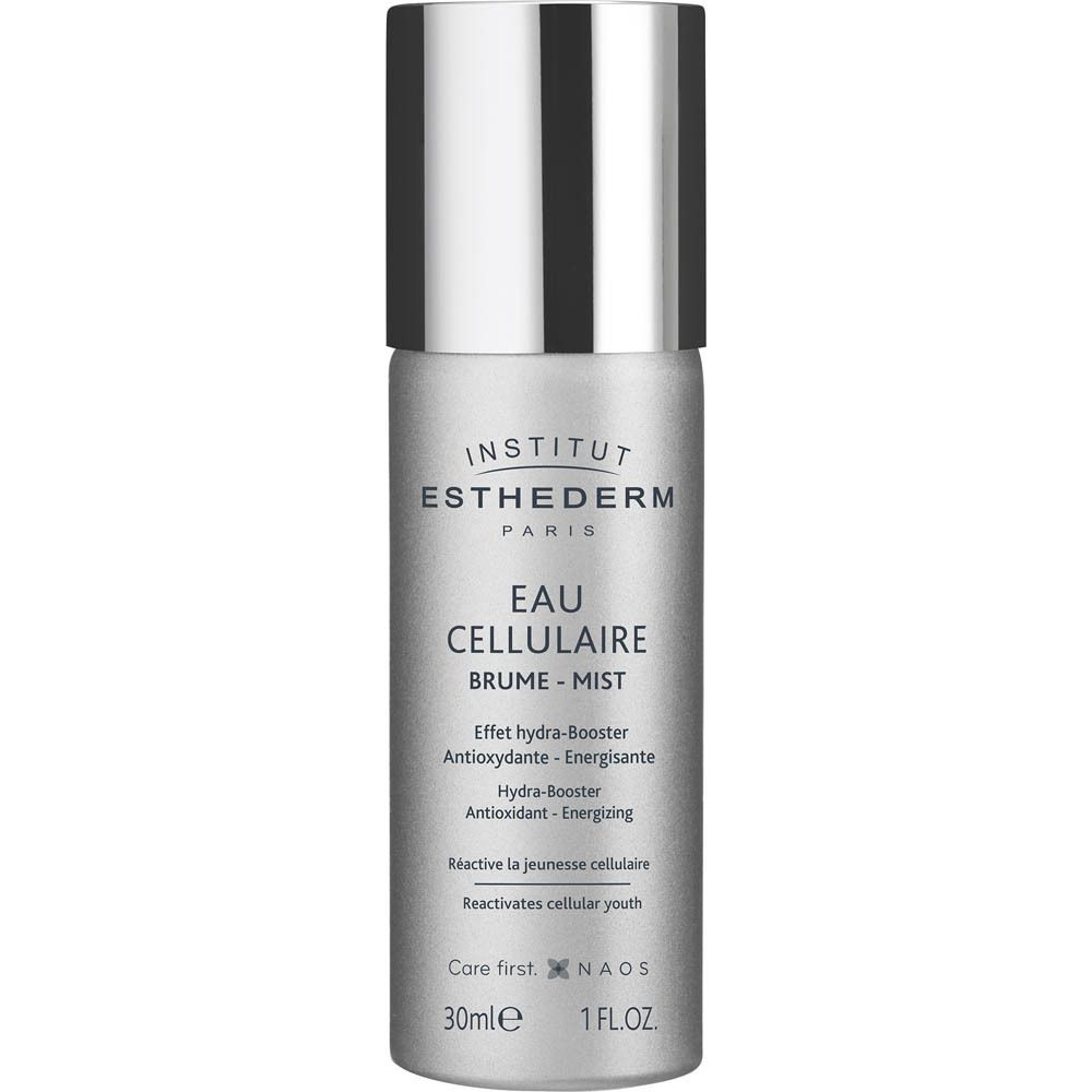 Petit flacon spray argenté, bouchon noir. Texte: INSTITUT ESTHEDERM, EAU CELLULAIRE, Hydra-Booster. 30ml.