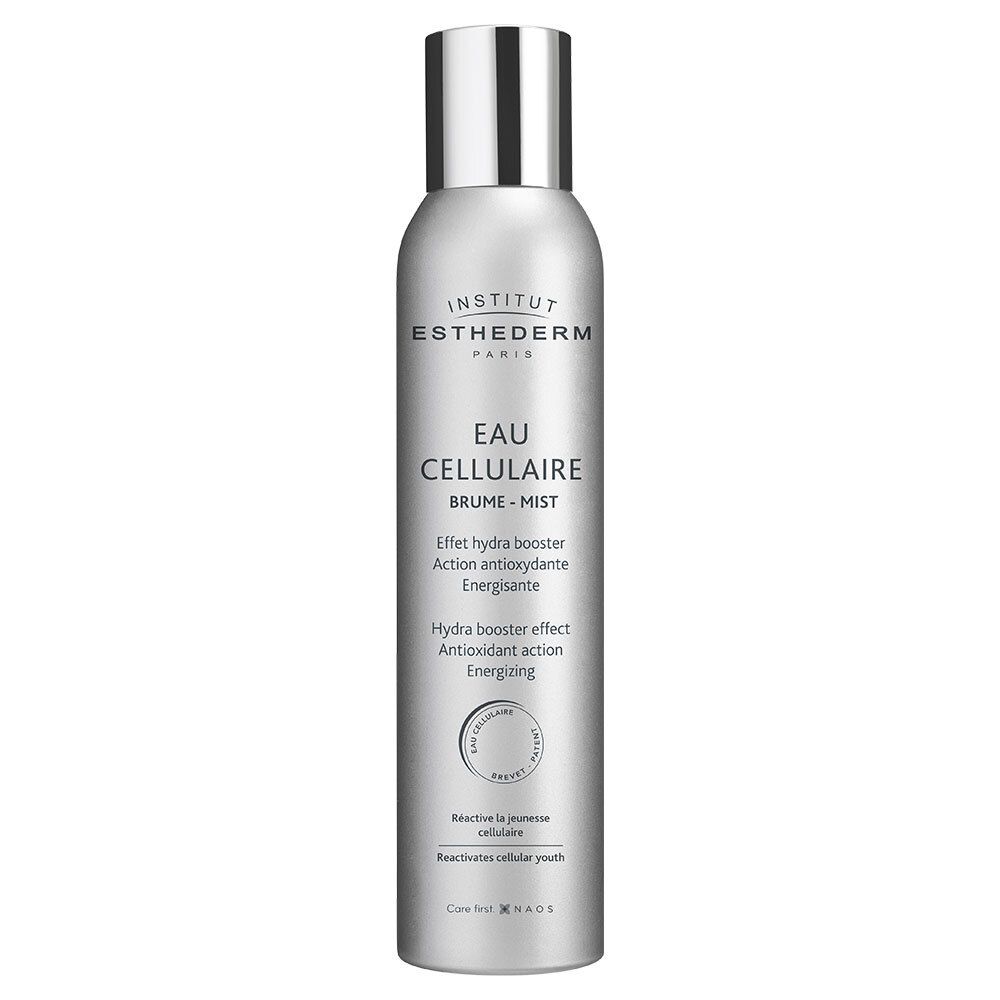 Flacon spray argenté INSTITUT ESTHEDERM. Texte: EAU CELLULAIRE, BRUME-MIST. Contient Hydra-Booster, antioxydant.