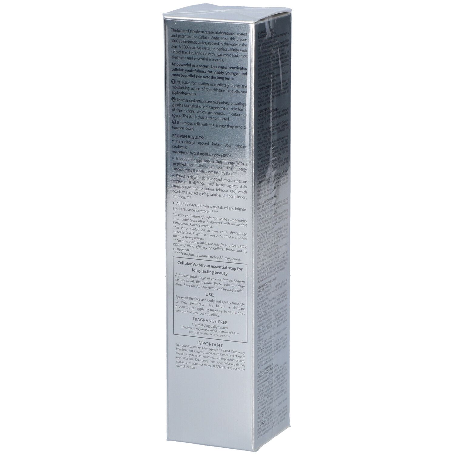 Institut Esthederm Zellulärer Wassernebel, Seitenansicht der Verpackung mit Anwendungshinweisen.