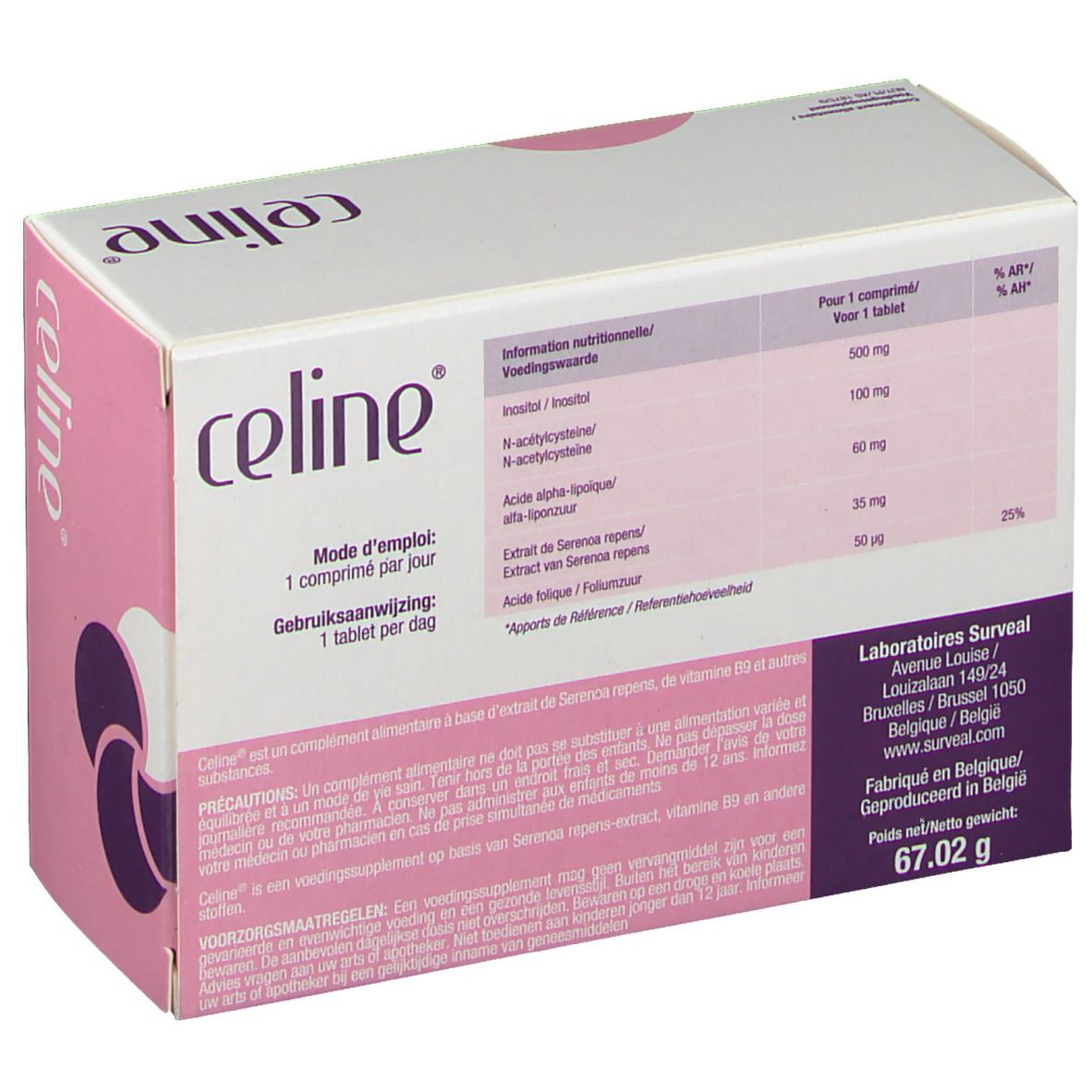 Dos de la boîte blanche. Contient des informations sur les ingrédients et le dosage. Inscription "celine".