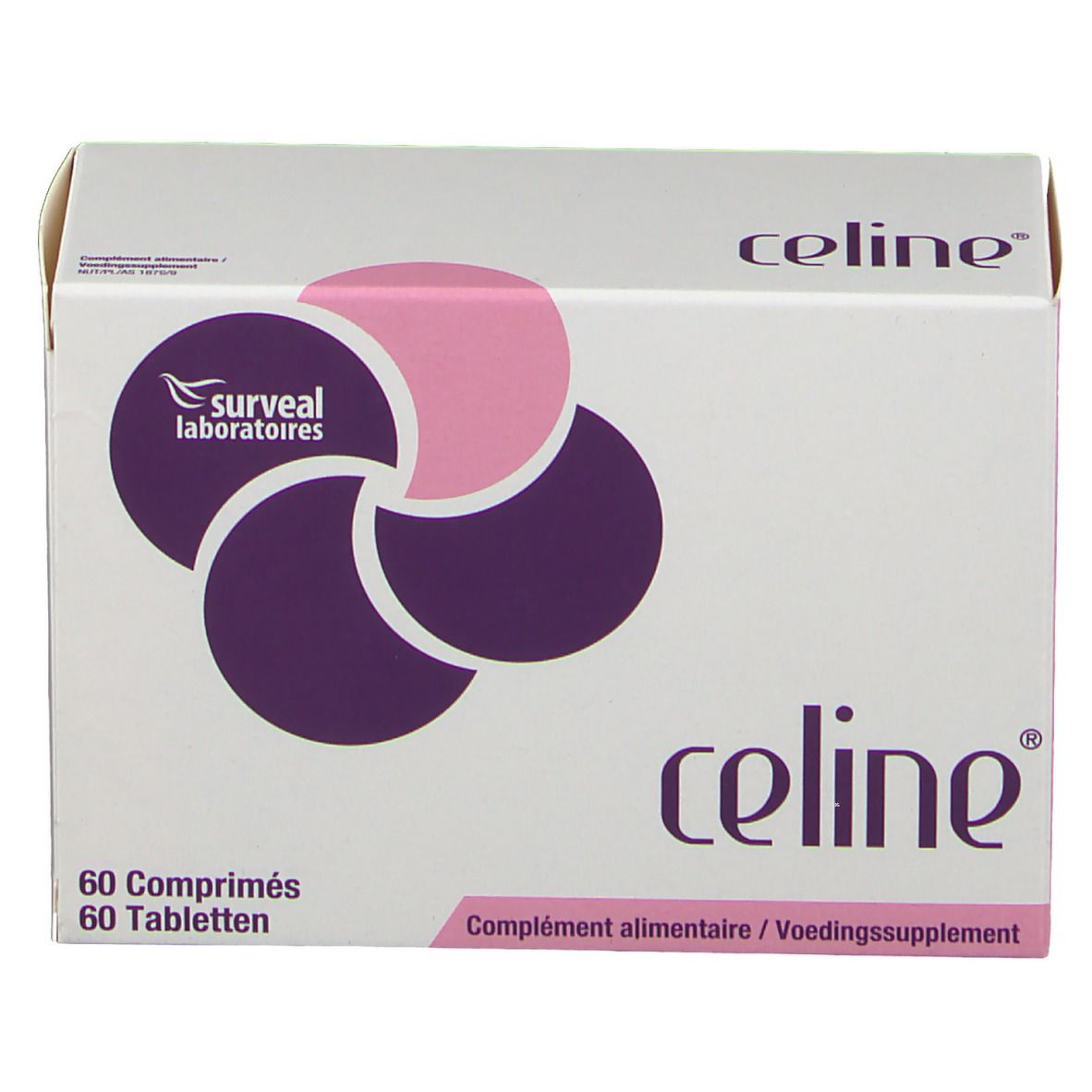 Boîte blanche avec accents roses. Inscription "celine" et "60 comprimés/Tabletten". Logo Surveal Laboratoires.