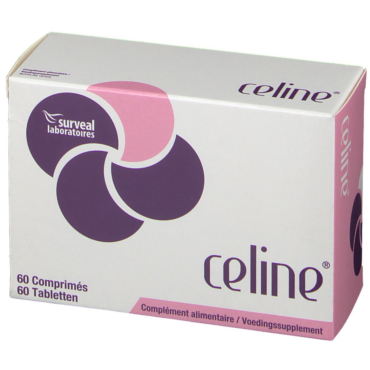 Boîte blanche avec accents roses. Inscription "celine" et "60 comprimés/Tabletten". Logo Surveal Laboratoires.