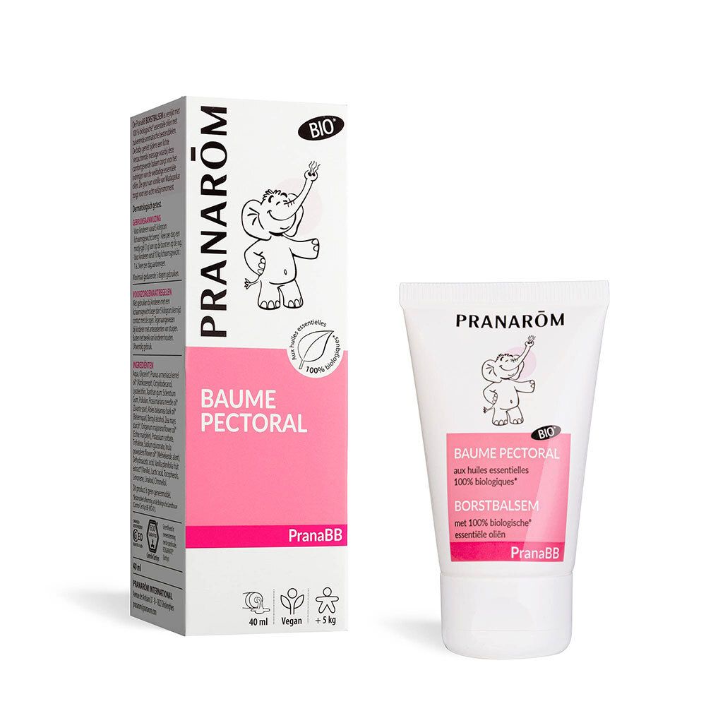 Weißer Tuben- und Kartonverpackung. Aufdruck: PRANAROM, Baume Pectoral, Bio-Logo, Elefanten-Illustration.