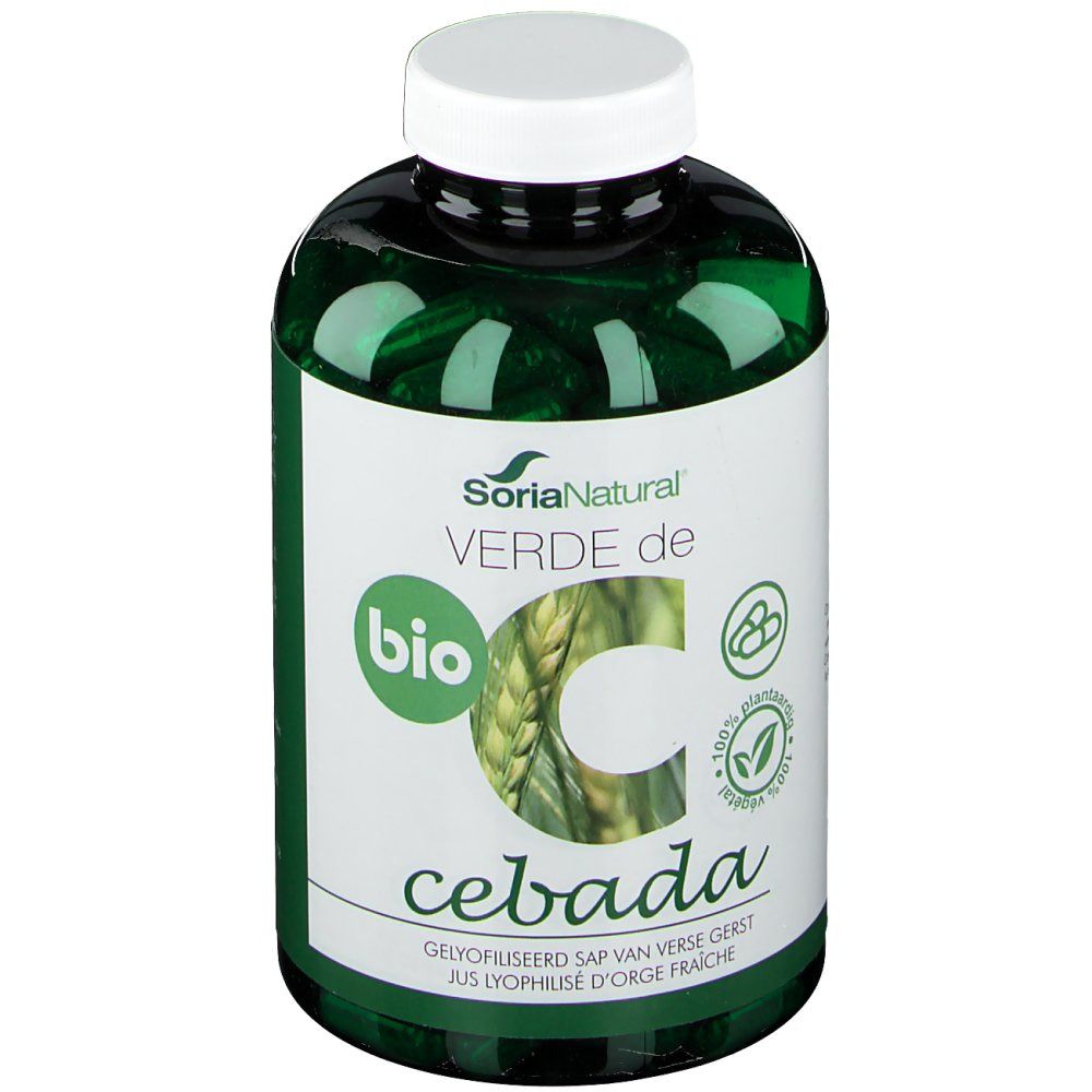 Flacon vert avec bouchon blanc. Inscription: SoriaNatural, Verde de Cebada, label Bio. Contient du jus d'orge.