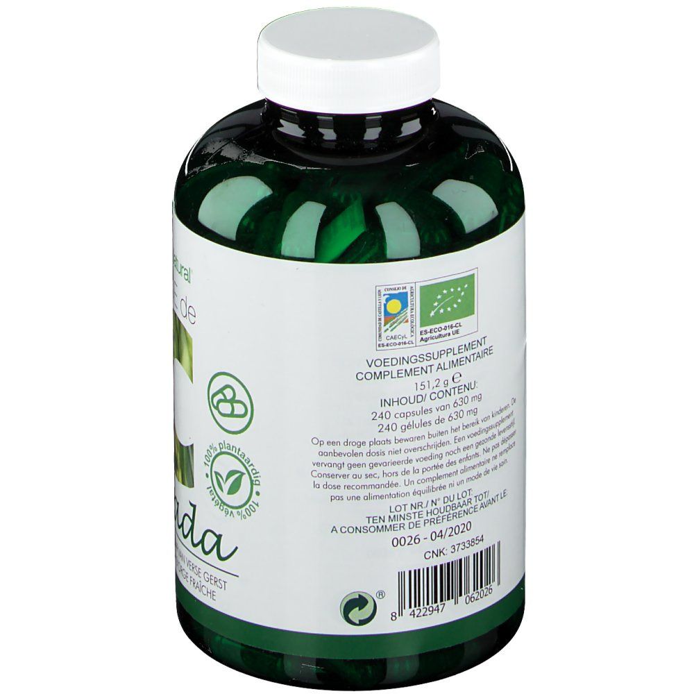 Dos du flacon vert. Contient des informations sur les ingrédients, les valeurs nutritionnelles et le label Bio.